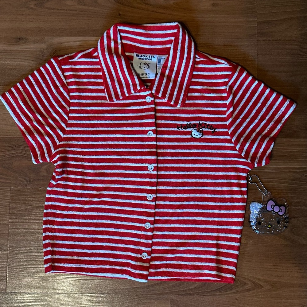 Forever 21 Red and White Striped Hello Kitty Button Down Shirt - Picture 3 of 10